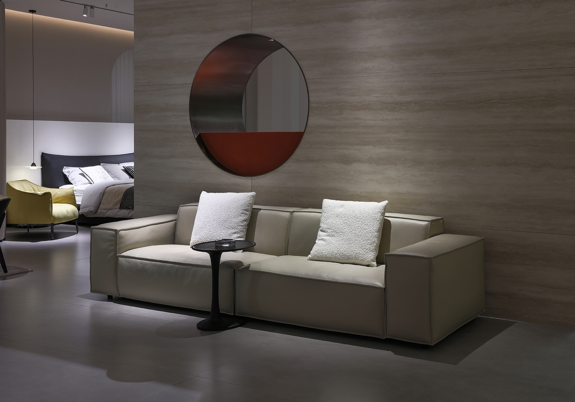 Showroom display connecting bedroom and lounge furniture