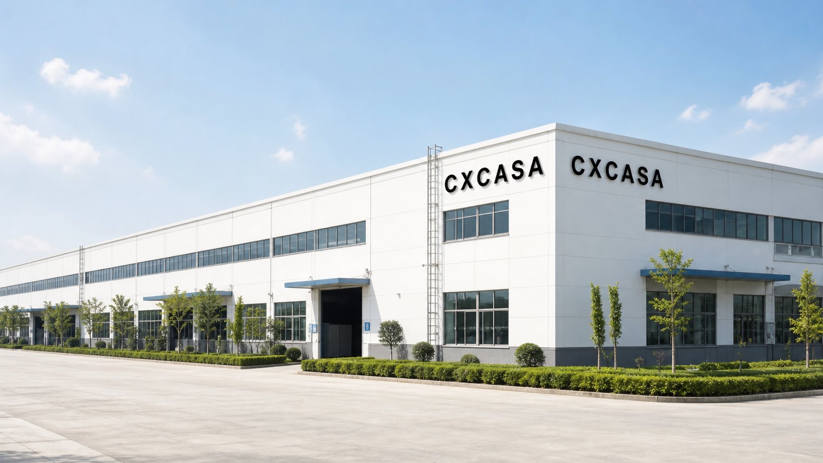 CXCASA factory exterior with white manufacturing building and landscaped entrance